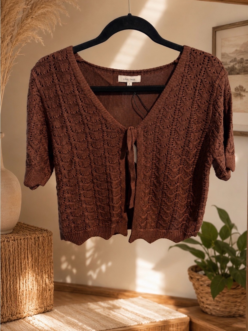 Love Tree Chocolate Brown Knit Tie-Front Short Sleeve Cardigan -NWT